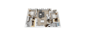 A 3D floor plan of a house with a kitchen, living room, and bathroom.